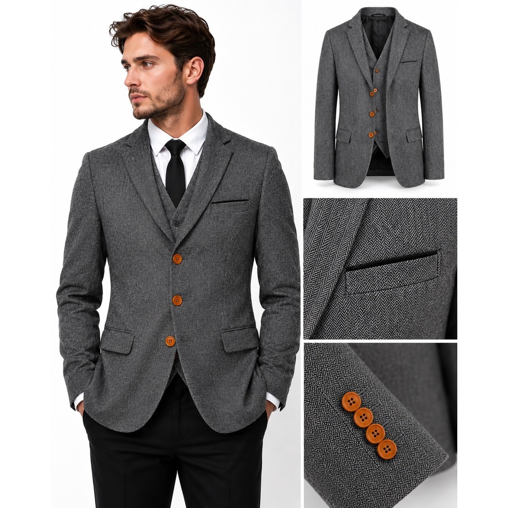 ASOS Mens Grey Herringbone Wool Blend Slim Fit Blazer and Waistcoat Set 38R